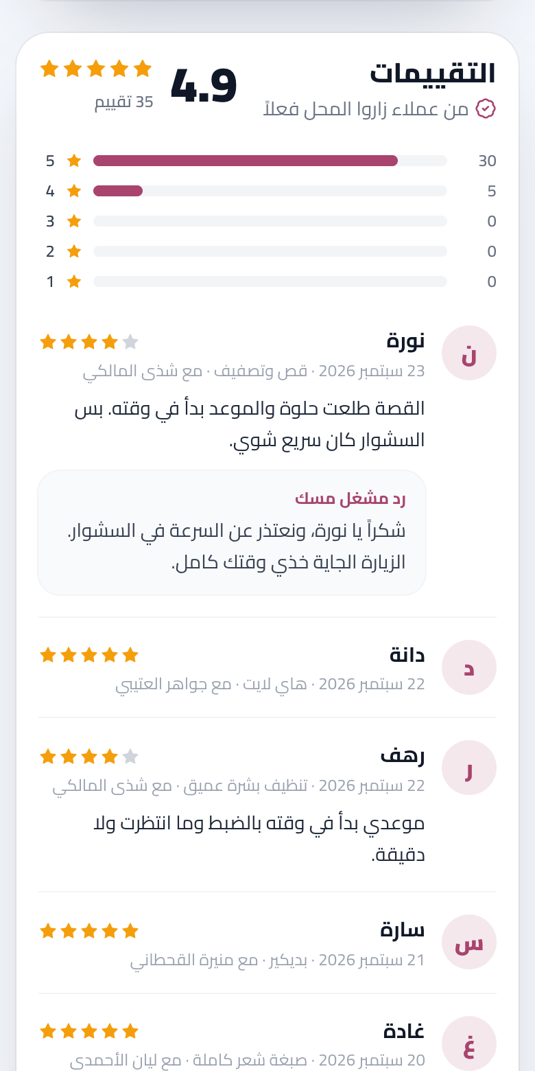 قسم التقييمات في صفحة الحجز: متوسط المحل، توزيع النجوم، وتقييمات العملاء مع اسم من خدمهم ورد المحل